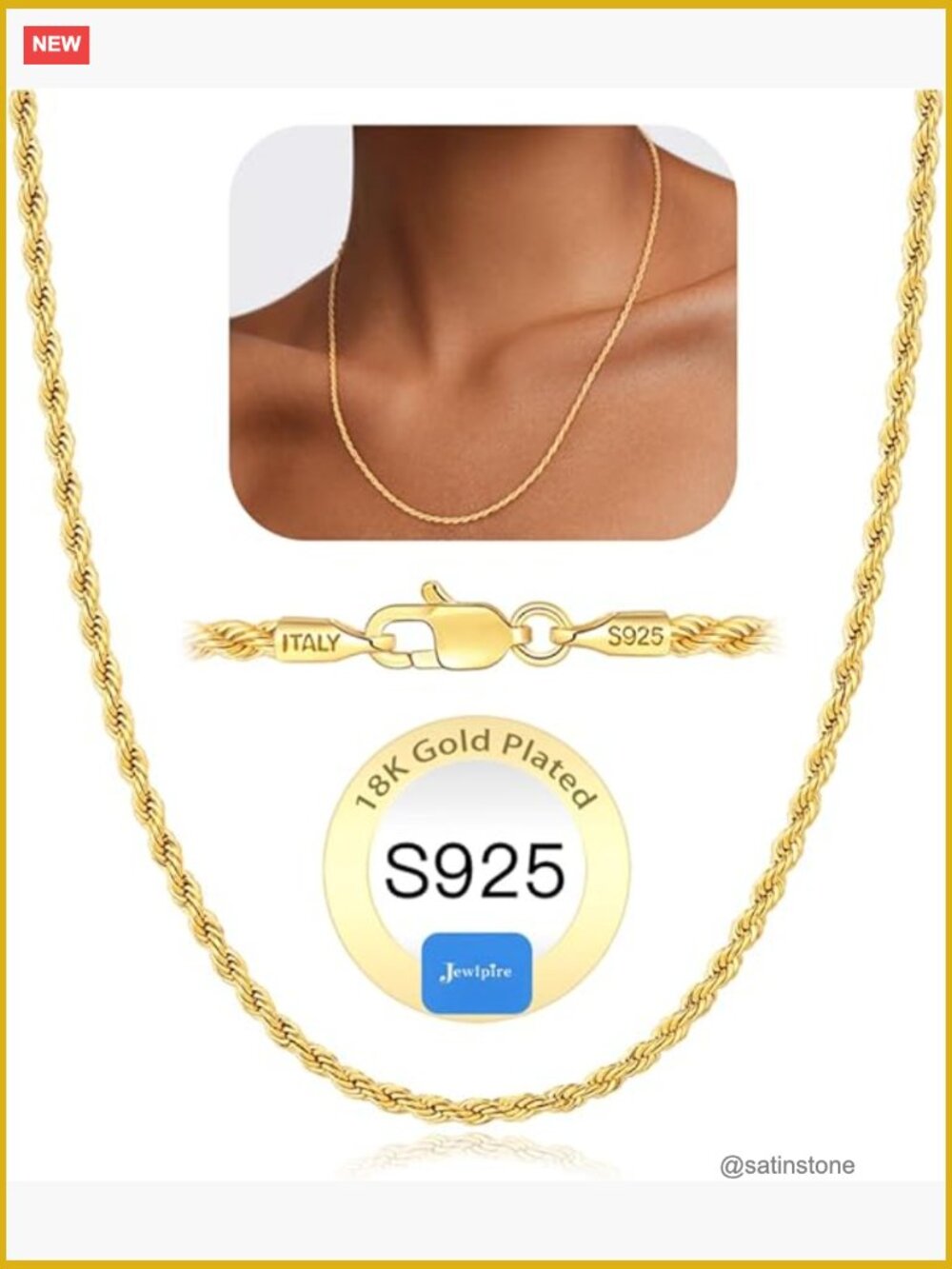 2mm Rope Chain 18k Gold Plated 925 Sterling Silver Necklace